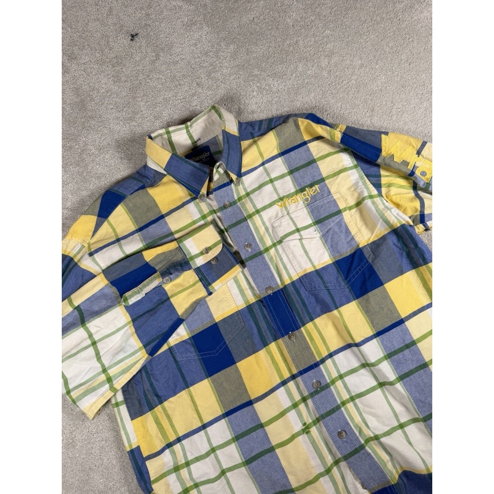 Wrangler Western Shirt Mens L/XL** Blue Yellow Embroidered Spellout Rodeo Cowboy